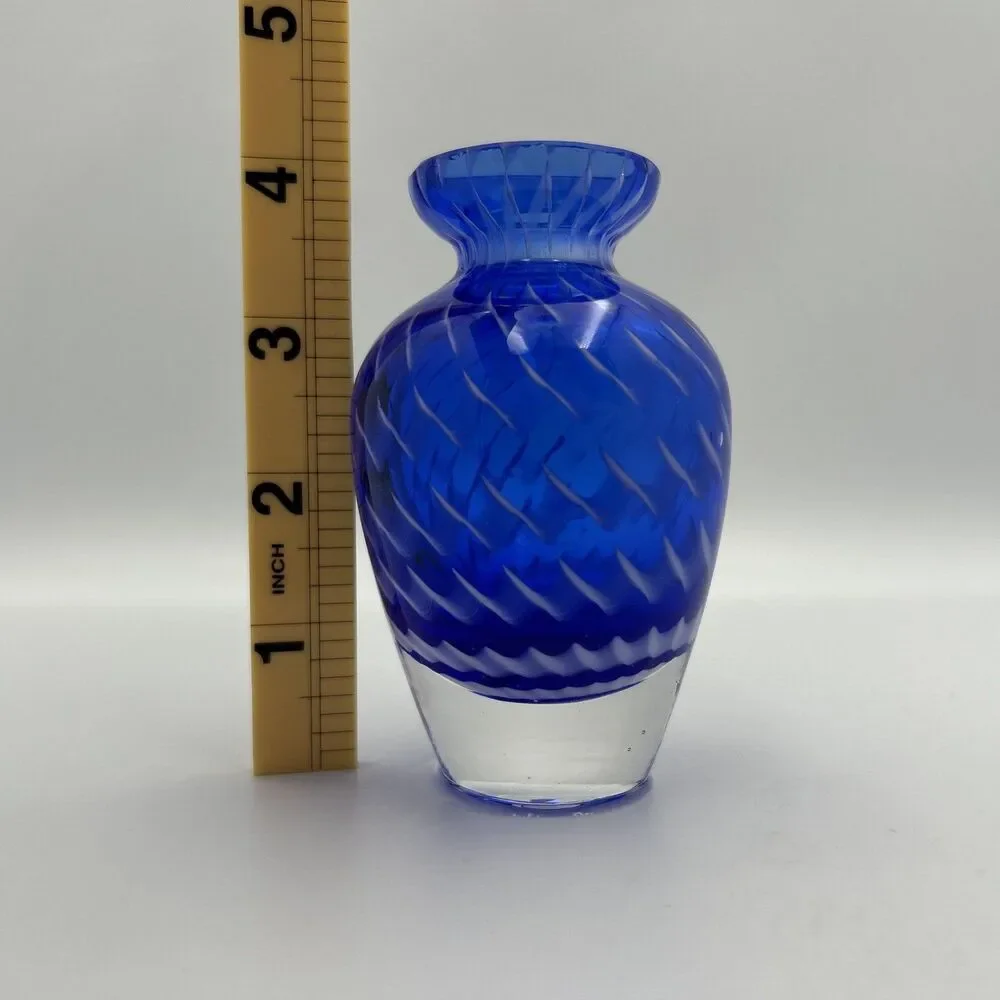 Art Glass Hand Blown White Cased Murano Style Bud Vase Blue White 4